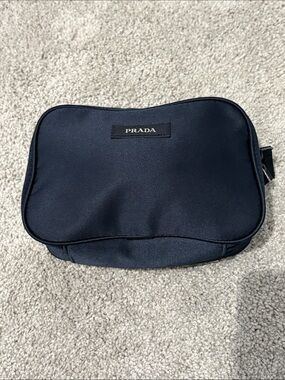 Preowned Prada Navy Blue Satin Textile Pouch Cosmetic/Makeup bag w/double zipper